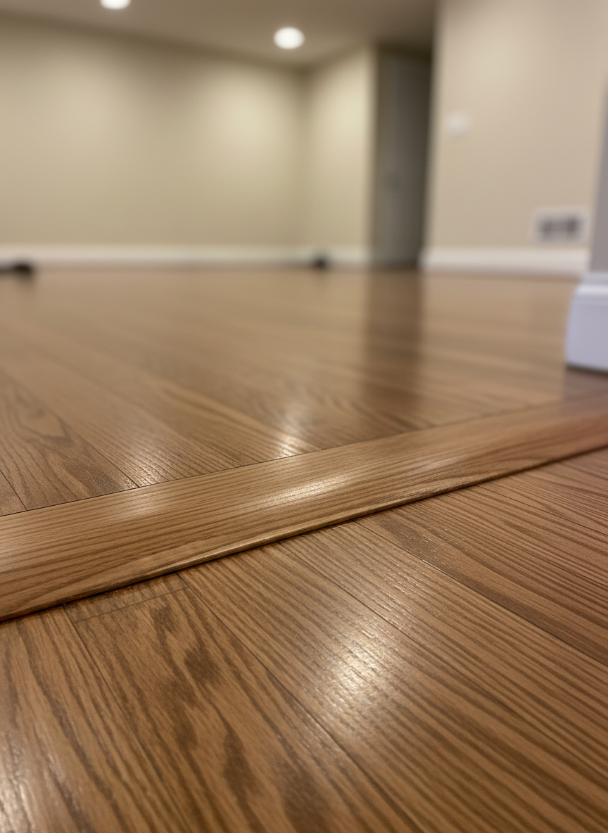 A detailed close-up of a hardwood floor transition between a living room and hallway, featuring a perfectly installed flush reducer molding in matching stain that gently slopes to a lower surface. The hardwood boards align seamlessly on either side, with tight joints and no visible gaps or filler. Soft, indirect indoor lighting from recessed ceiling fixtures casts gentle shadows along the edge, highlighting the smooth contour and craftsmanship. Photographic realism with macro-style focus on the transition, while the surrounding space subtly blurs into a neutral, uncluttered background. The atmosphere is calm and meticulous, emphasizing high-end installation standards and the kind of thoughtful detailing offered by premium flooring specialists.