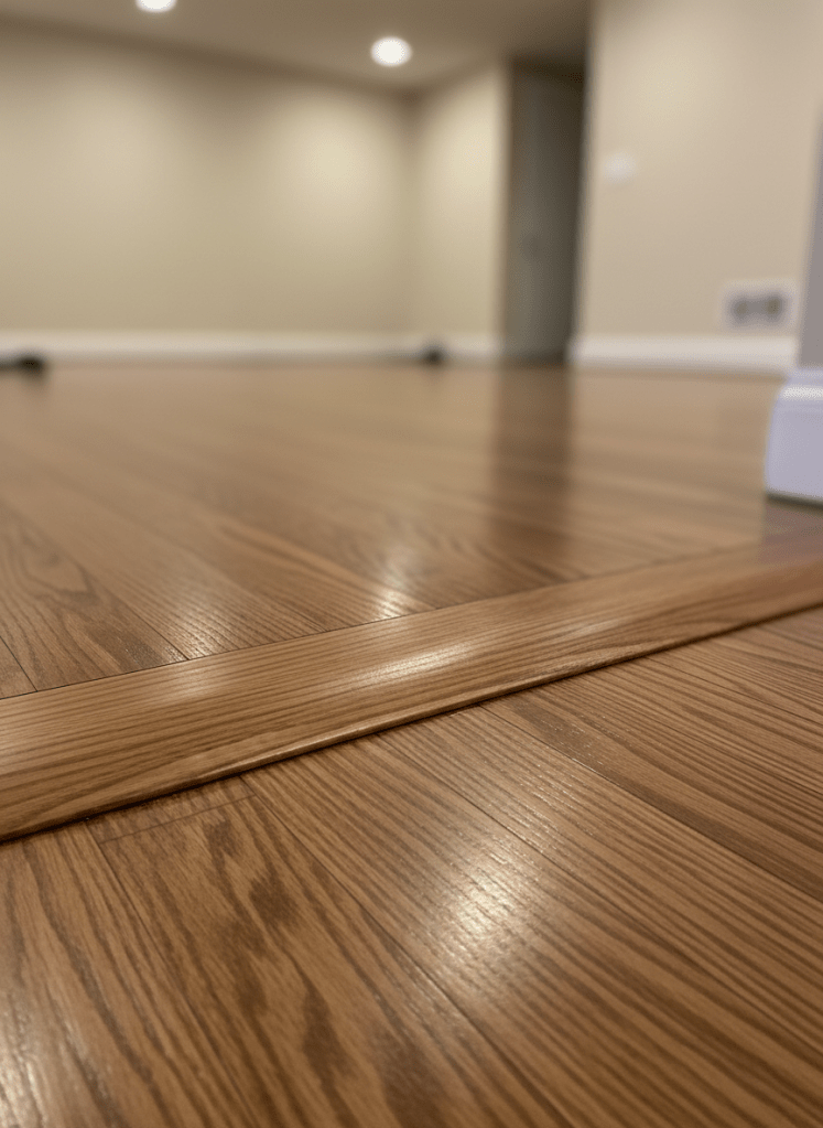 A detailed close-up of a hardwood floor transition between a living room and hallway, featuring a perfectly installed flush reducer molding in matching stain that gently slopes to a lower surface. The hardwood boards align seamlessly on either side, with tight joints and no visible gaps or filler. Soft, indirect indoor lighting from recessed ceiling fixtures casts gentle shadows along the edge, highlighting the smooth contour and craftsmanship. Photographic realism with macro-style focus on the transition, while the surrounding space subtly blurs into a neutral, uncluttered background. The atmosphere is calm and meticulous, emphasizing high-end installation standards and the kind of thoughtful detailing offered by premium flooring specialists.