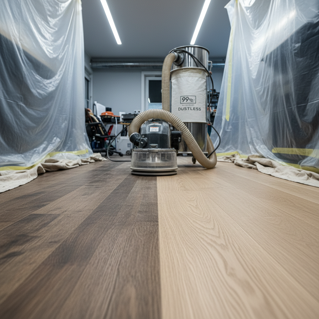 A close-up, low-angle photographic view of a 99% dustless hardwood refinishing setup in progress, focusing on a sleek, modern sanding machine connected to a high-capacity dust containment system via clean, neatly arranged hoses. The hardwood planks show a clear contrast between the original worn surface and the newly sanded, silky-smooth section. The surrounding area is impeccably protected with overlapping, taped-down plastic sheeting and clean drop cloths. Cool, even workshop lighting reveals zero airborne dust, with a calm, organized atmosphere. Shot with shallow depth of field to keep the sanding head and wood grain in crisp focus while softly blurring the protected background, emphasizing precision, cleanliness, and advanced technology.