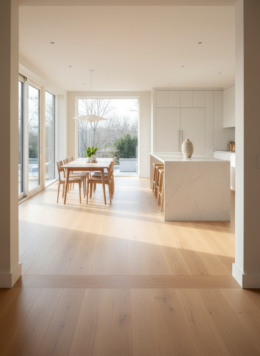 A bright, modern open-concept kitchen and dining area with seamless hardwood flooring flowing from one space to the other, the planks in a light, European oak finish with a matte topcoat that resists glare. Cabinet toe-kicks, island base, and door thresholds meet the flooring with precise, tight joints, showcasing expert installation. Morning sunlight pours through large glass doors, creating soft, natural highlights that glide along the wood grain. Photographic realism, captured at eye level with a wide-angle lens to emphasize continuity and spaciousness. The aesthetic is clean, airy, and sophisticated, with minimal decor to keep focus on the flooring, conveying a sense of long-term value and premium craftsmanship in a high-end VA, MD, DC home.