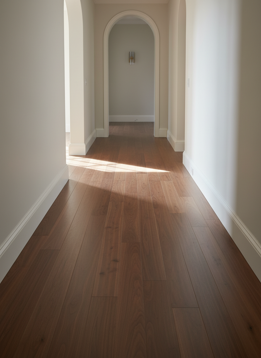 An elegant hallway featuring newly installed wide-plank engineered hardwood flooring in a warm walnut finish, the boards laid in a perfectly aligned pattern that leads the eye toward a softly lit doorway. The walls are a crisp, neutral white with sharp, clean baseboard lines meeting the floor without gaps. Natural afternoon light filters in from an unseen window, creating long, soft shadows that emphasize the texture and quality of the planks. Photographic realism with a slightly elevated, centered composition and strong linear perspective. The atmosphere is refined and welcoming, highlighting high-end installation quality and attention to detail appropriate for a sophisticated, upscale home in the VA, MD, and DC region.