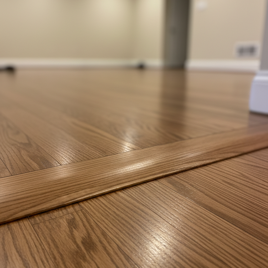 A detailed close-up of a hardwood floor transition between a living room and hallway, featuring a perfectly installed flush reducer molding in matching stain that gently slopes to a lower surface. The hardwood boards align seamlessly on either side, with tight joints and no visible gaps or filler. Soft, indirect indoor lighting from recessed ceiling fixtures casts gentle shadows along the edge, highlighting the smooth contour and craftsmanship. Photographic realism with macro-style focus on the transition, while the surrounding space subtly blurs into a neutral, uncluttered background. The atmosphere is calm and meticulous, emphasizing high-end installation standards and the kind of thoughtful detailing offered by premium flooring specialists.