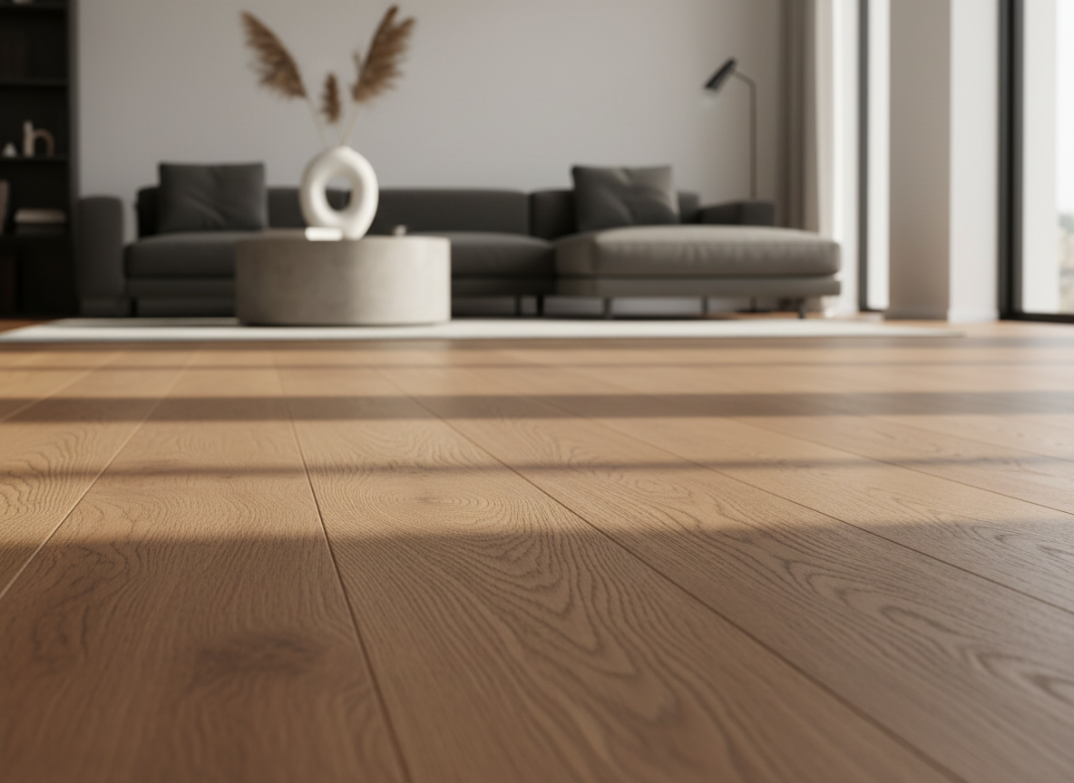 Ultra-high-end close-up of luxury wide-plank European oak hardwood flooring in a sunlit modern living room, emphasizing rich grain, flawless finish, and depth of tone, minimalist decor
